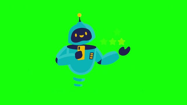 AI Robot Holding Phone and Showing Star Rating Animation on Green Screen - Customer Service Review
