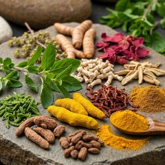 Close-Up of Medicinal Ayurvedic Herbs on Natural Stone Background – Healing Herbal Medicine Concept