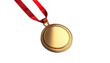 Gold medal on red ribbon, hanging, isolated against black space
