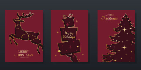 Red Christmas Luxury gold  invitation card design vector. Christmas tree ,deer with gold foil and spot texture on red background. Design illustration for cover, print, poster, ads.