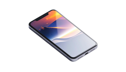 Angled phone displays sunset landscape on black background