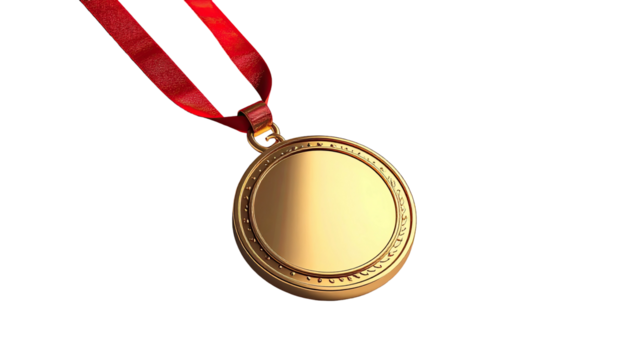 Gold medal on red ribbon, hanging, isolated against black space