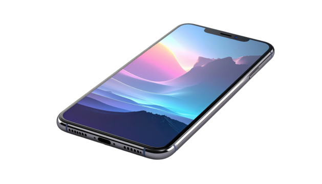 Smartphone displays abstract mountain sunset on black