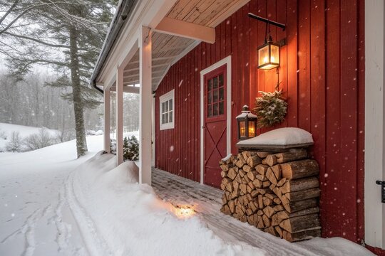 Cozy red cabin entrance with snowy porch and wooden logs in winter wonderland atmosphere - Powered by Adobe