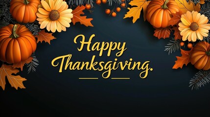 Luxury Happy Thanksgiving Design with Pumpkins, Autumn Leaves & Golden Typography – Ideal for Holiday Marketing, Greeting Cards & E-commerce