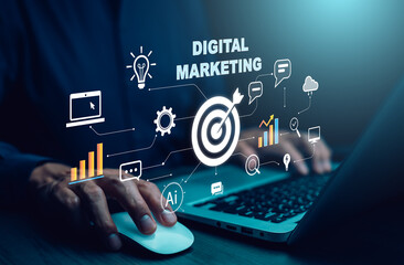 Futuristic AI digital marketing dashboard with glowing data analytics icons, representing smart advertising, online strategy, and automated business technology system.