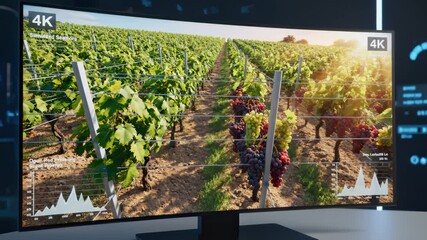Grape Vineyard View on Monitor Displaying Production Statistics - Powered by Adobe