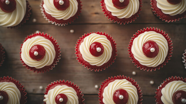 Red and white cupcakes with pearls arranged in rows