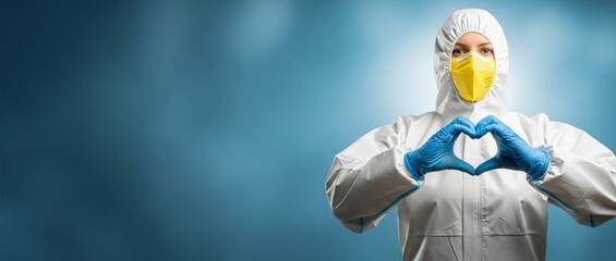 Doctor in protective suit making heart shape with hands on blue background. Banner of medical worker showing love and support for healthcare during a pandemic with copy space.