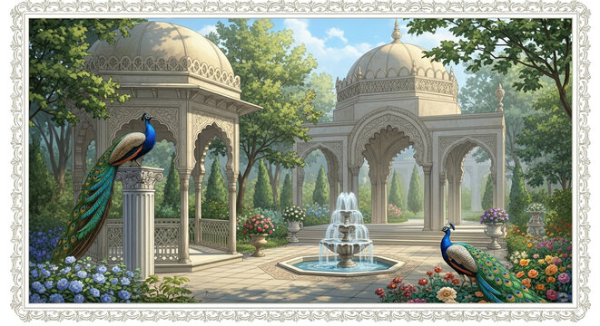 Beautiful garden with peacocks and fountain illustration for background and wallpaper design use