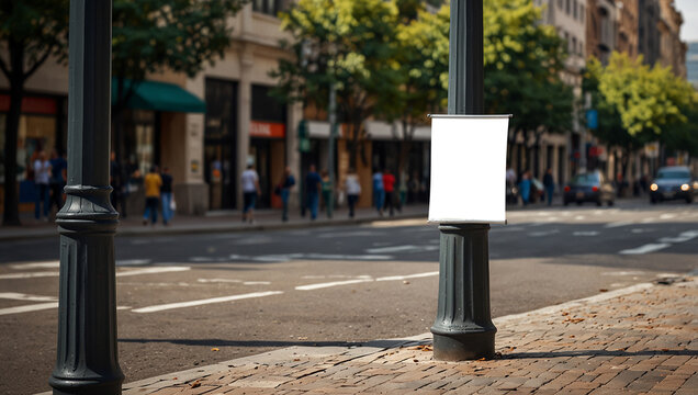 Mockup of a street banner attached to a lamppost on a busy city avenue. Created using generative AI tools