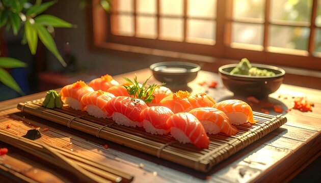 Sushi nigiri on a bamboo tray, with chopsticks, soy sauce, and wasabi, set against a window with sunlight