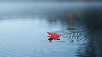 Red maple leaf floating on calm water with gentle ripples - Powered by Adobe