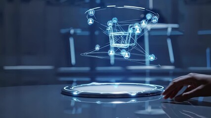 Futuristic hologram shopping cart spins on table linking digital network, virtual shopping, data commerce. Cart connects shopping, commerce, data, digital interface, network, shopping cart glows. - Powered by Adobe
