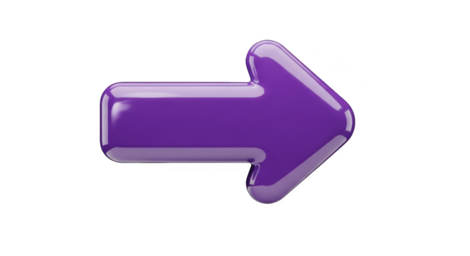 Glossy purple arrow pointing right on black background 3d render direction symbol