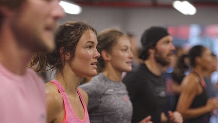Obraz premium A group of focused athletes jogging indoors, displaying determination. The front woman in a pink tank top, others in athletic gear, convey energy and unity generative ai