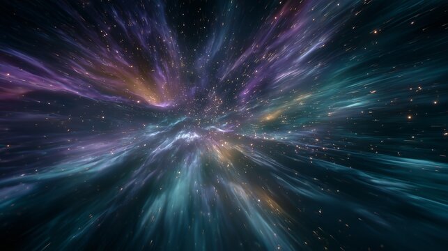 Cosmic interstellar tunnel creating abstract background with stars, light, and glowing nebulae