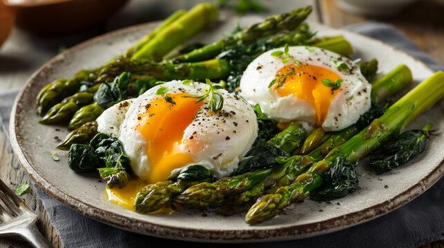 Poached eggs with runny yolk on a bed of fresh asparagus and sauteed spinach