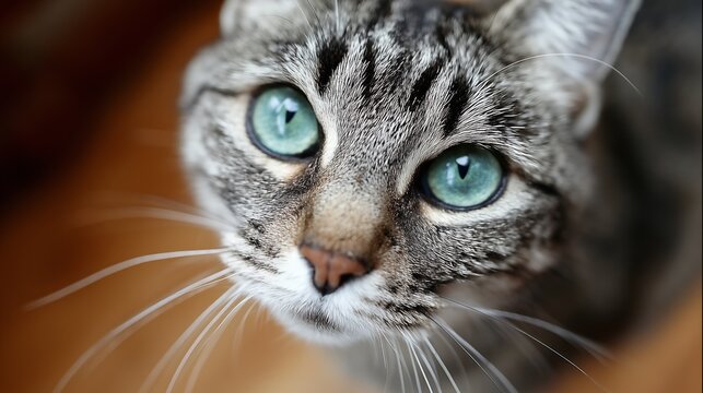 Close-up of a domestic tabby cat with captivating green eyes and whiskers, looking up