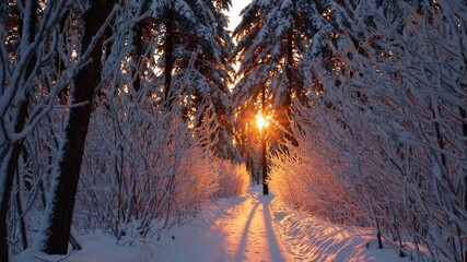Sunrise light illuminates snow covered path through forest with sunlight piercing tall tree branches and sun glow on frost coated twig casting long shadow on snow creating calm winter atmosphere - Powered by Adobe