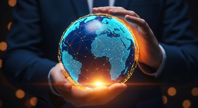 Businessman holding glowing digital earth globe in hands. - Powered by Adobe