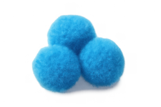Blue furry pom-pom balls connected, soft fluffy texture, vibrant craft decoration, transparent background