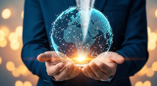 Businessman holding glowing global network sphere in hands.