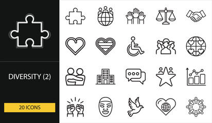 Second diversity icon set celebrating equality, pride, and social connection with inclusive symbols. Great for NGOs, awareness campaigns, and corporate culture