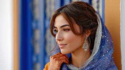 Young Woman in Blue Shawl with Henna