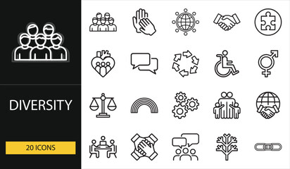 Diversity and inclusion icons promoting teamwork, equality, respect, and cultural unity. Ideal for HR, community, education, and social awareness projects