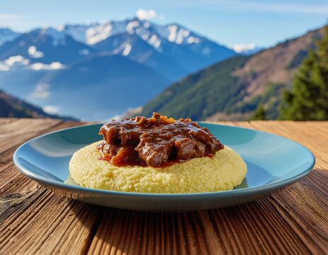 A rustic plate of creamy yellow polenta topped with rich brown meat stew, set on a wooden table with majestic snow-capped mountains in the background.