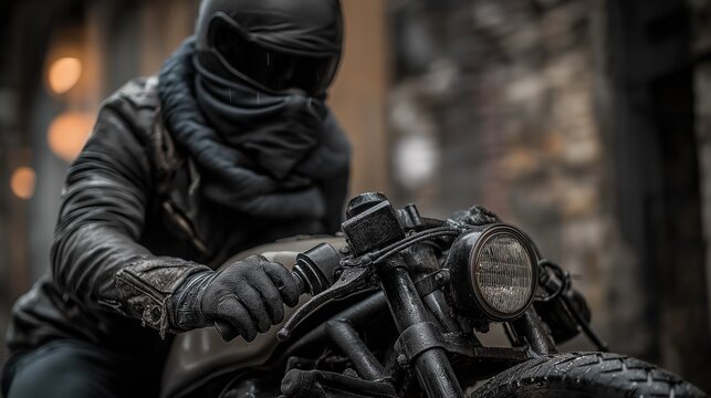 Rain-Soaked Rider on Vintage Cafe Racer - Powered by Adobe