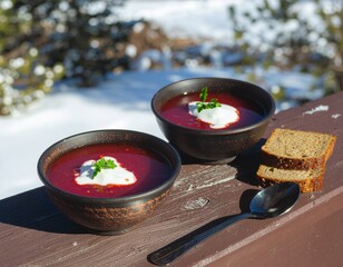 Two hearty bowls of vibrant red borscht soup, topped with a dollop of creamy white sour cream and fresh green herbs, served with slices of dark rye bread and...