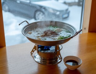 Steaming hot pot with meat and vegetables cooking on a portable burner next to a snowy window.