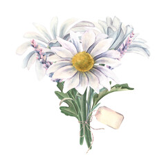 White chrysanthemums, lavender, bouquet with empty label. Hand-painted watercolor botanical illustration isolated on white for floral design, wedding invitations, packaging, cards, botanical projects