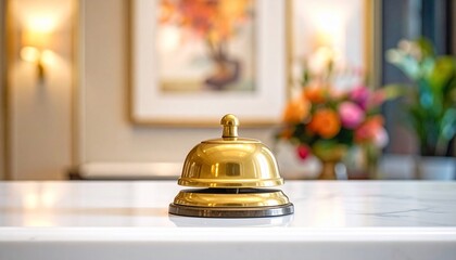 Elegant Hotel Desk Bell with Blurred Background Showcasing a Floral Arrangement