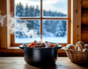 A steaming pot of stew simmers on a wooden table near a window overlooking a snowy landscape.