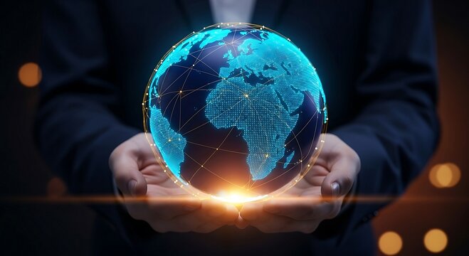 Businessman holding a glowing blue digital earth globe in his hands, representing global business and technology.