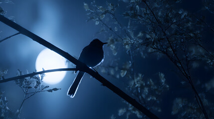 stanza. A nightingale resting on a branch under the moonlight in a serene blue night. wildlife magazines, conservation campaigns, designed for wildlife conservation campaigns.