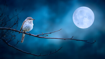stanza. A nightingale resting on a branch under the moonlight in a serene blue night. wildlife magazines, conservation campaigns, designed for wildlife conservation campaigns.