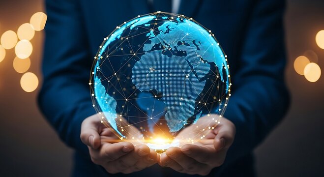 Businessman holding glowing global network hologram in hands.