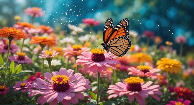 Vibrant Monarch Butterfly Landing on Colorful Zinnia Flowers in Sunny Garden with Soft Bokeh Background and Gentle Summer Breeze in 4K UHD Nature Footage - Powered by Adobe
