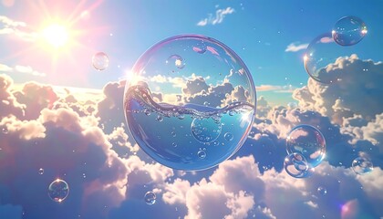 A vibrant, dreamlike scene with water-filled bubbles floating amidst fluffy clouds. A bright sun shines down, illuminating the sky