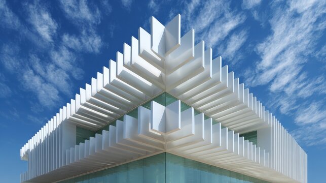 3d rendering of a modern building with a unique architectural design. the building appears to be a high-rise structure with a triangular shape and a glass facade.