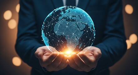 Businessman holding glowing global network sphere in hands.