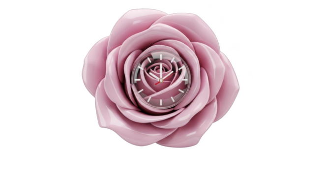 Pink Rose with Clock Face in the Center Isolated on Black Background flower time