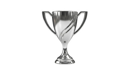 Polished silver trophy cup with curved handles and a swirling design on a black background