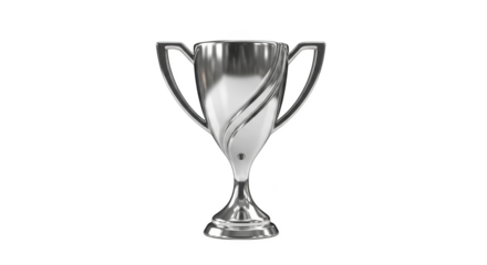 Polished silver trophy cup with curved handles and a swirling design on a black background