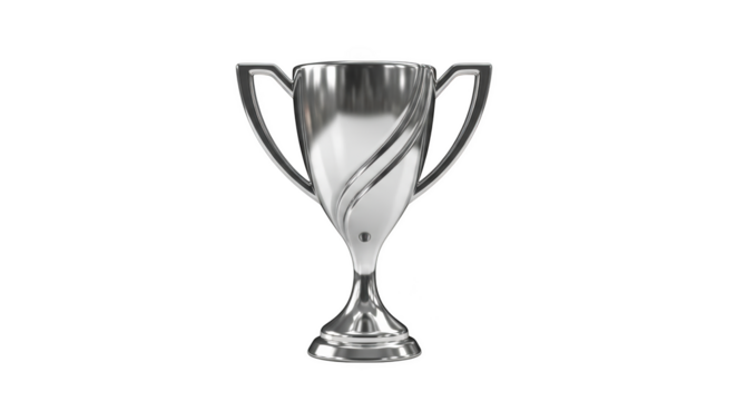 Polished silver trophy cup with curved handles and a swirling design on a black background