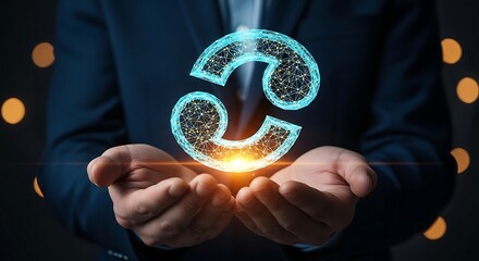 Businessman holding a glowing digital refresh symbol, representing data synchronization and continuous process improvement.